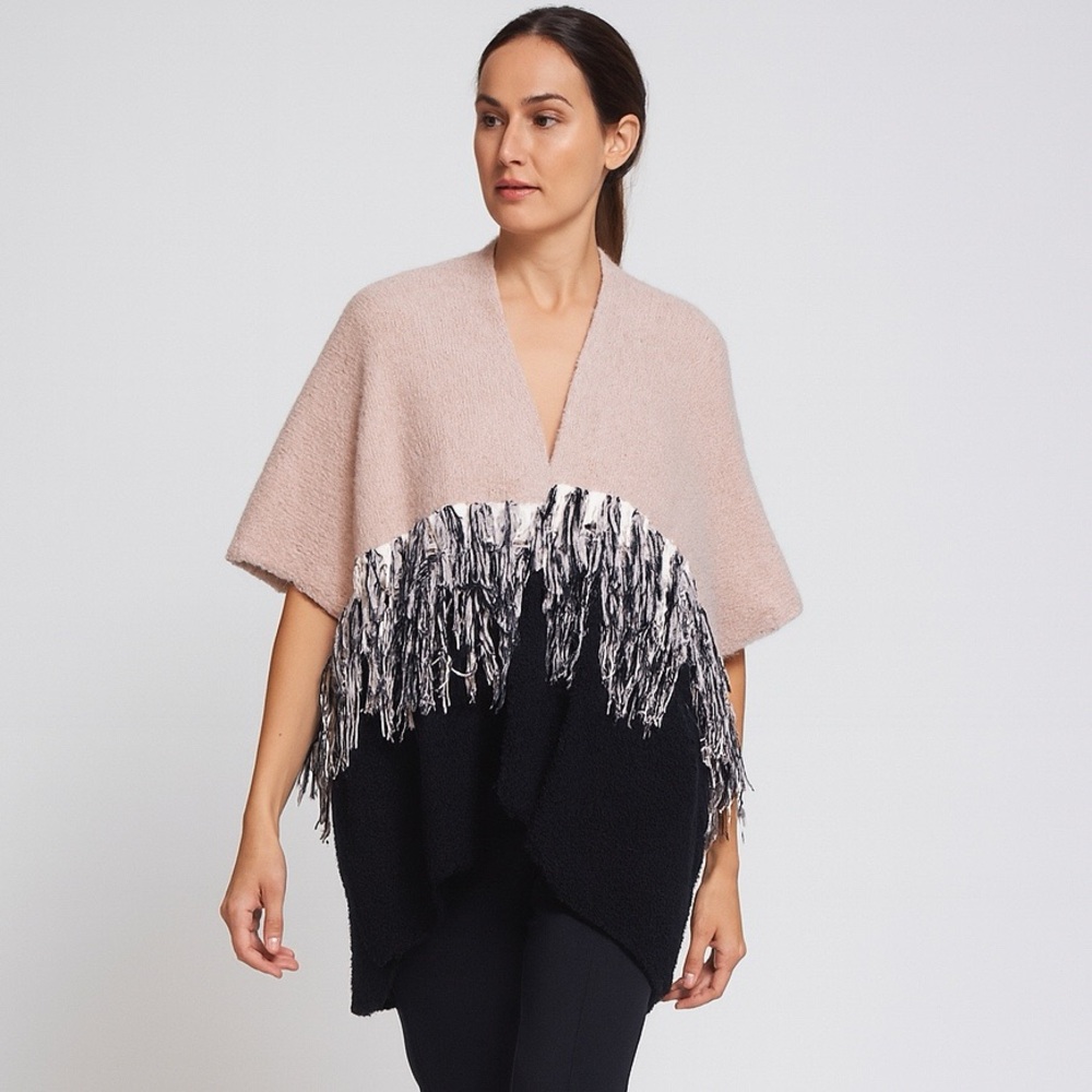 Betsey Johnson Pink Fringed Black Knit Tassels Fringe Trimmed Poncho Cape